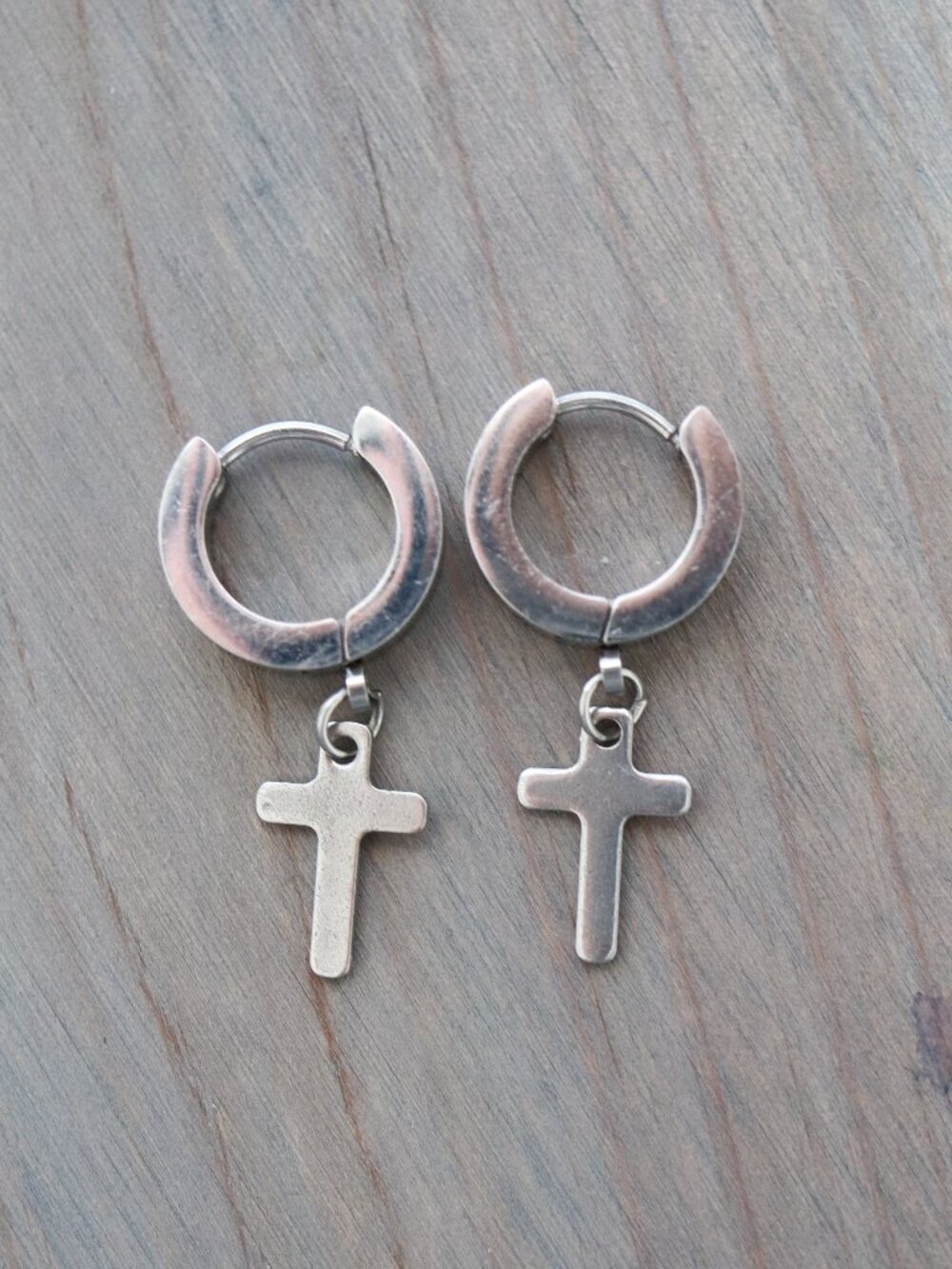 10mm Cross Charm Huggie Dangling Earrings Silver Stainless Steel